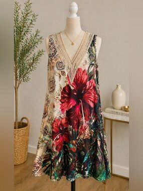 Boho Floral V-Neck A-Line Tropical Dress Size Large